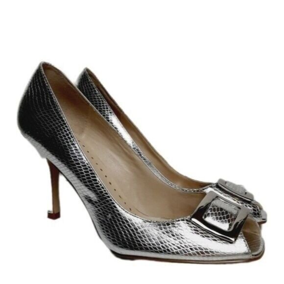 BCBGIRLS BCBG Girls Ivanx Silver Leather Peep-Toe Heels Sz 8.5 - Picture 1 of 12